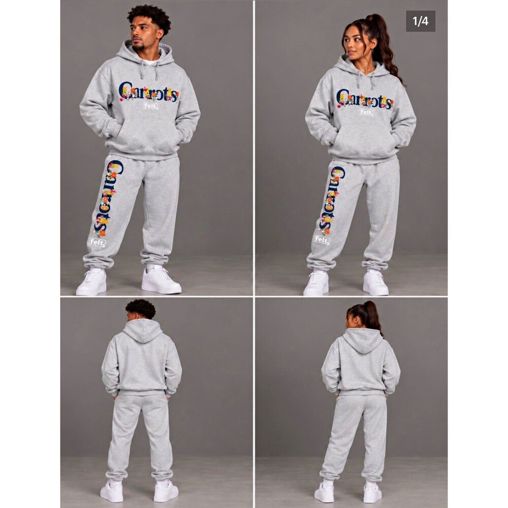 Carrots Gray Fleece Logo 2-Piece Sweatsuit Set Hoodie & Pants Size XL